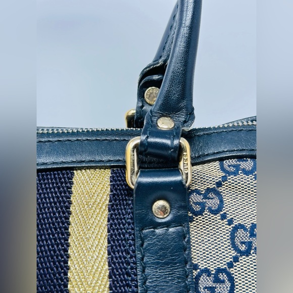 Gucci Vintage Blue & Gold Canvas & Leather Satchel . NO CROSSBODY STRAP. - Picture 4 of 13